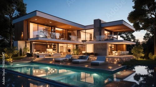 Night scene of modern Luxurious house with swimming pool.