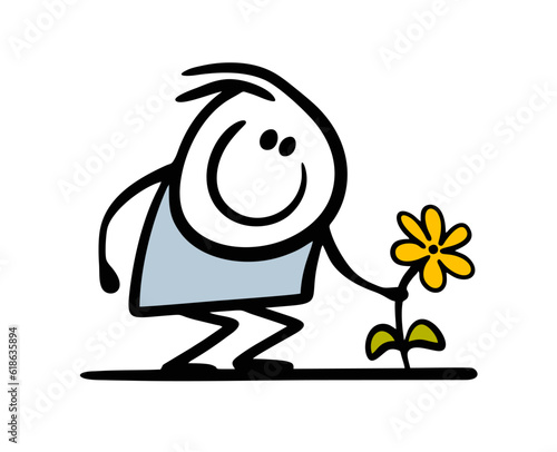 Naive child sat down and plucked a wildflower from a flower bed in the park. Vector illustration of a stickman in the garden.