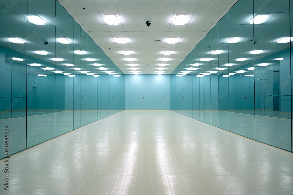 Obraz premium The glossy floor of a racquetball court reflecting the overhead lights, adding a surreal quality to the scene