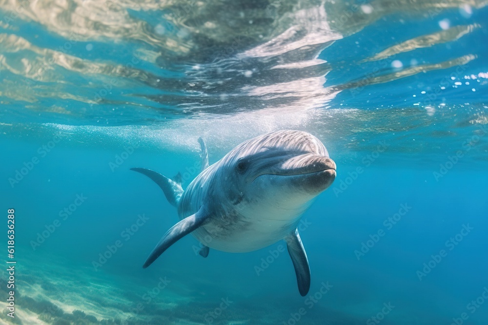 Fototapeta premium Close view of a dolphin swimming underwater.Created with Generative AI technology.