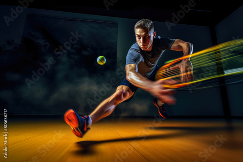 The precise moment a racquetball player's racquet makes contact with the ball, illustrating the power and control in the game