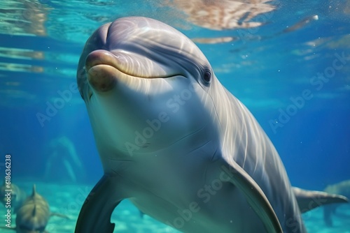 Close view of a dolphin swimming underwater.Created with Generative AI technology.