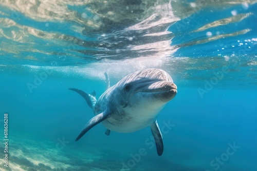 Close view of a dolphin swimming underwater.Created with Generative AI technology. © Viktor