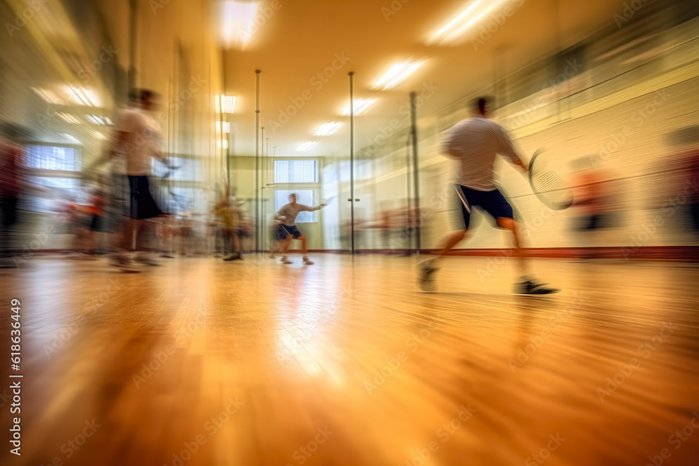 A heated racquetball match in full swing, the players a blur of motion and energy against the static court