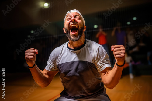 A racquetball player caught in the midst of a victory celebration, their joy and relief palpable photo