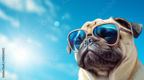 pug wearing sunglasses against blue sky in summer, created with, © ART-PHOTOS