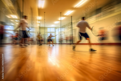 A heated racquetball match in full swing, the players a blur of motion and energy against the static court