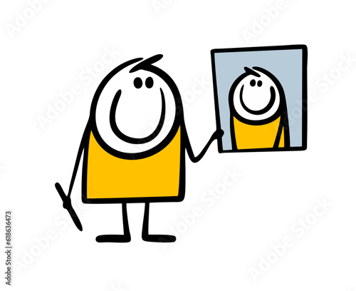 Young artist painted a self-portrait in the style of realism. Vector illustration of stickman and pictorial art. A teenager holds a pencil and canvas.