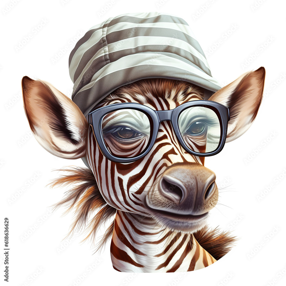 Portrait of baby zebra cub in a hat and with glasses on a white background. Hipster illustration, animal print Portrait of baby zebra cub in a hat and with glasses on a white background. Hipster illustration, animal print