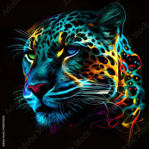 Jaguar in abstract, graphic highlighters lines rainbow ultra-bright neon artistic portrait, commercial, editorial advertisement, surrealism. Isolated on dark background