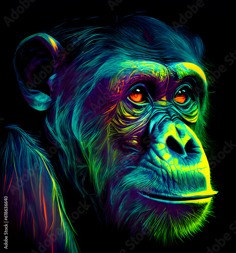 Chimpanzee in abstract  graphic highlighters lines rainbow ultra-bright neon artistic portrait  commercial  editorial advertisement  surrealism. Isolated on dark background