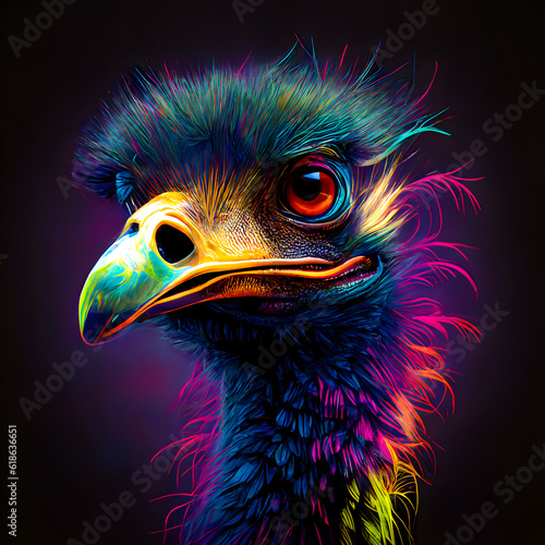 Ostrich bird in abstract, graphic highlighters lines rainbow ultra-bright neon artistic portrait, commercial, editorial advertisement, surrealism. Isolated on dark background