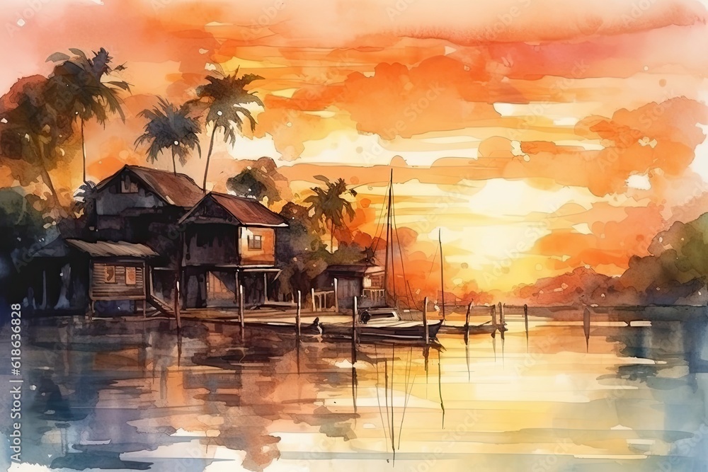 Fototapeta premium Watercolor Tropical At Sunset Background Generative AI