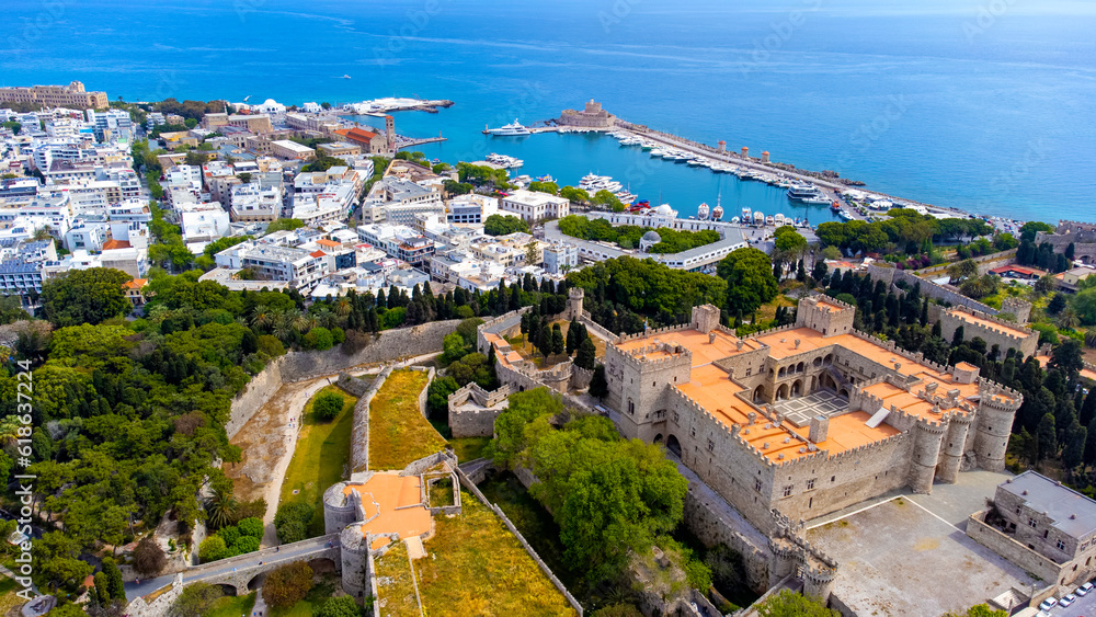 Rhodes old town with Palace of the Grand Master aerial panoramic view in Rhodes island in Greece