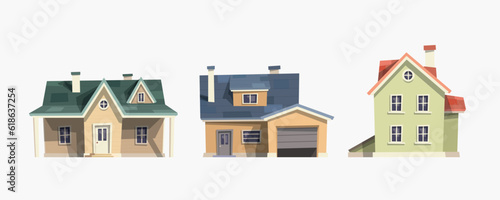 various houses front view isolated in set