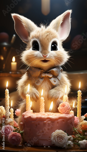 A little bunny sitting in front of a birthday cake. Generative AI. Happy Birthday cute greeting card.