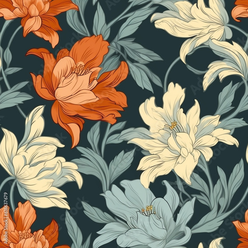 A Continuous Repeating Tile Pattern with a Beautiful Floral Design on a Dark Background | Generative AI