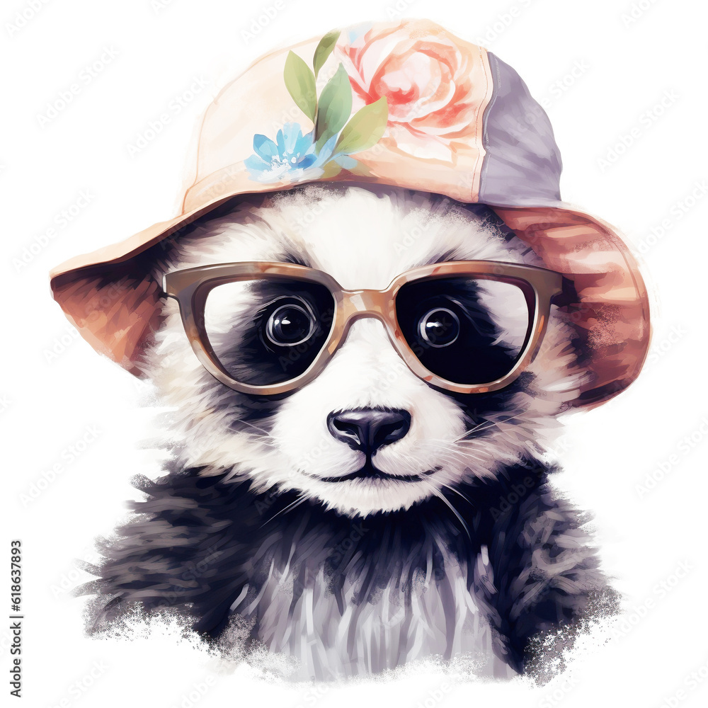 Obraz premium Portrait of baby Panda cub in a hat and with glasses on a white background. Hipster illustration, animal print