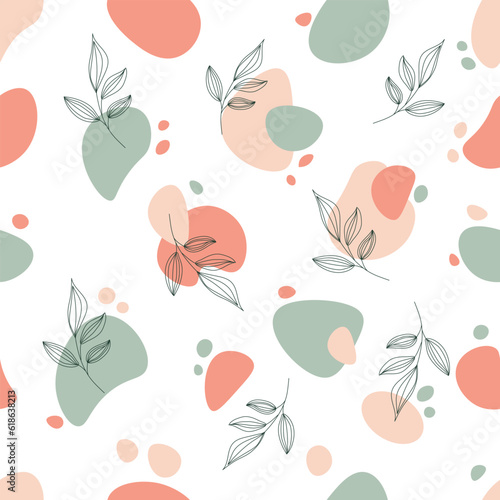 Seamless pattern with leaves on a pastel abstract background. Vector illustration