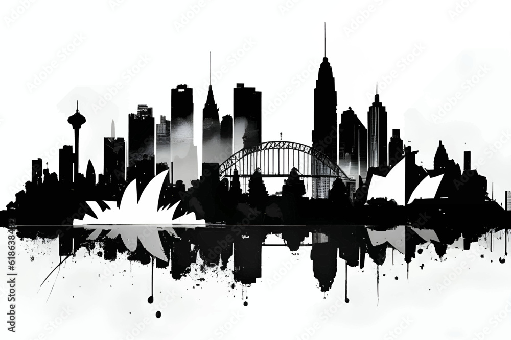 Black silhouette of a city on white background.