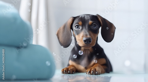 Portrait cute dachshund puppy in bathtub with foam and soap bubbles. pets grooming and cleaning concept. Generative AI © Tetiana