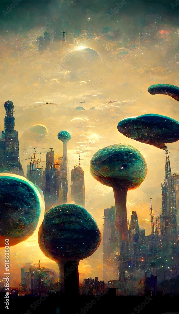 Futuristic city in the shape of a massive mushroom realistic ...