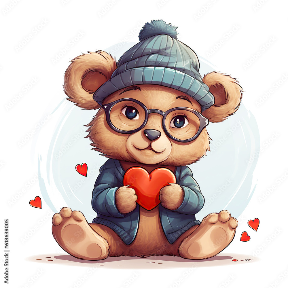 Naklejka premium Teddy bear with glasses and hat with red heart on a white background. Valentines greeting card. Love design