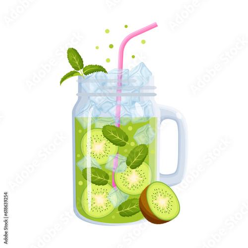 Green kiwi cocktail in glass mason jar with handle. Refreshing kiwifruit smoothies. Summer tropical drink isolated on a white background. Template design element. Clip art. Vector illustration
