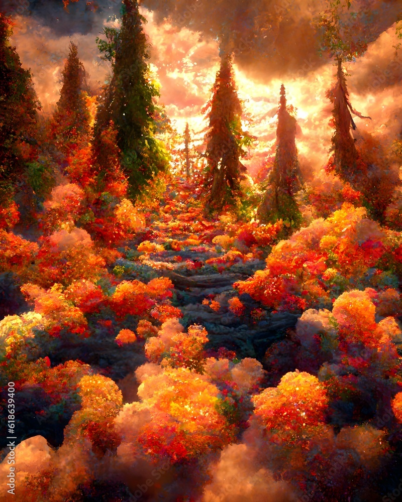 warm 2D gravity falls beautiful autumn forest in fall up angle ultra warm sunrise bright rays of sun luminescent glowing orange leaves inner neon red glow soft lighting ornate clouds glowing hot 
