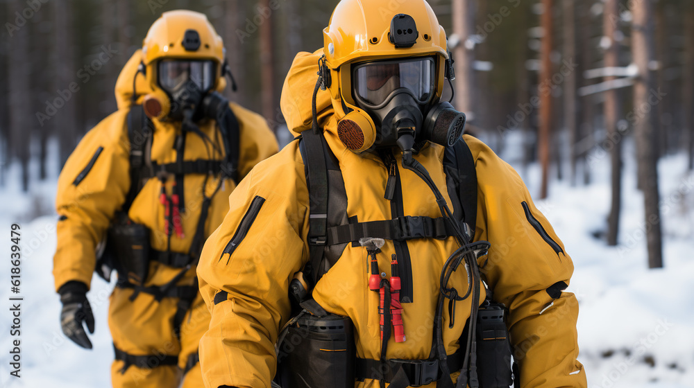 Hazmat Response: Men Geared Up and Walking to a Critical Mission, Generative AI Hazmat Response: Men Geared Up and Walking to a Critical Mission, Generative AI