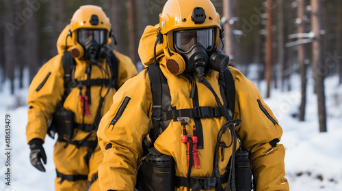 Hazmat Response: Men Geared Up and Walking to a Critical Mission, Generative AI photo
