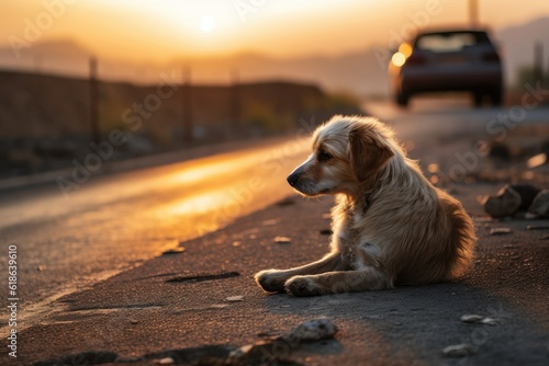 A sad and abandoned dog is waiting on the road, as a car drives away - AI Generated photo
