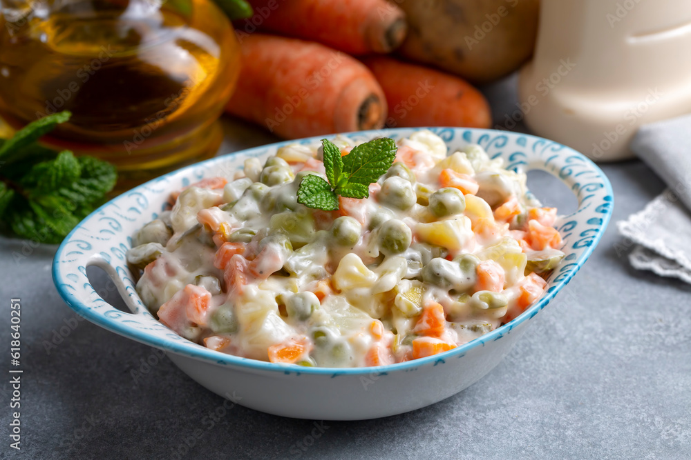 Russian salad, Olivier salad with mayonnaise and egg served (Turkish name; Rus salatasi)