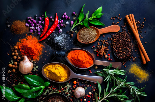 Aromatic spices and herbs for cooking, top view. AI Generative.