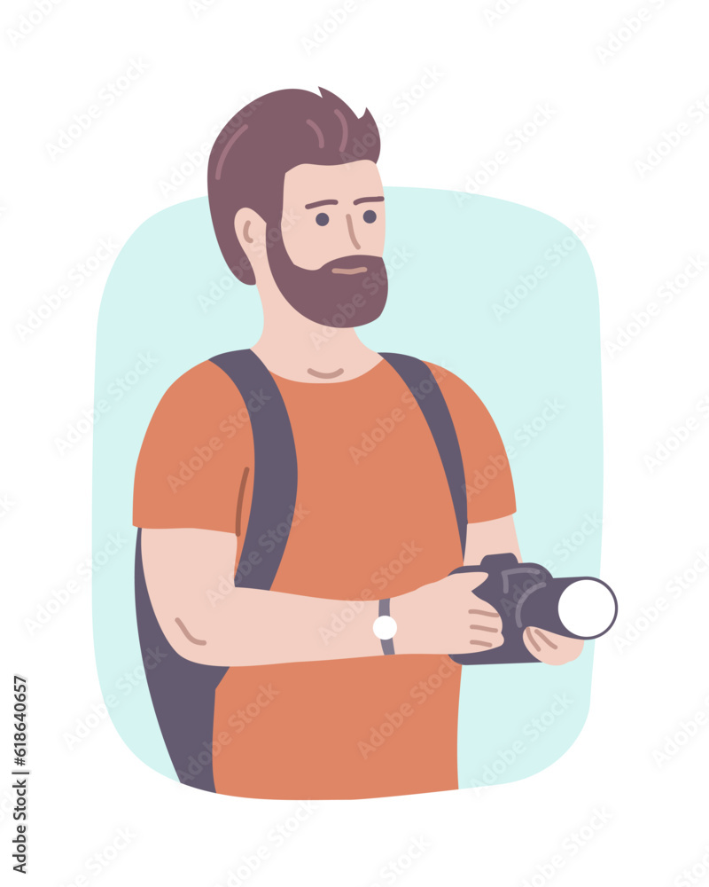 Hiking man with a camera. European tourist with a backpack. Traveler on vacation. Flat vector illustration isolated on white background
