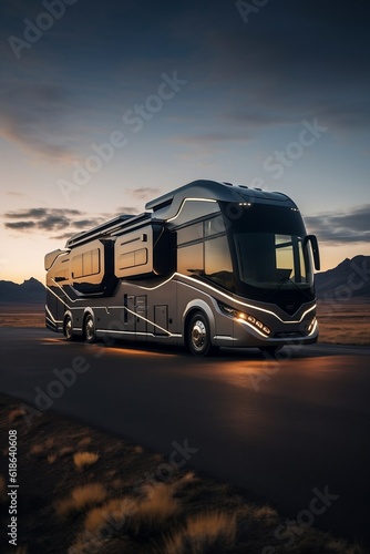 Sleek Ultra modern Electric tour bus RV recreational vehicle on a remote desert road at dusk,self driving,clean energy,Public Transit,cinematic ,Renewable Energy
