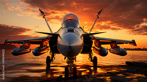 A frontal picture of an F18 Hornet fighter jet in the setting sun