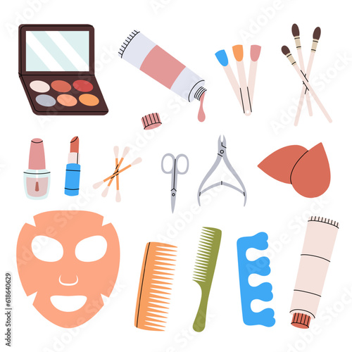 Makeup tools. Women's cosmetics. Manicure and pedicure tools, cosmetic cream, brushes, nail polish, sponge, hair comb, lipstick. Vector illustration