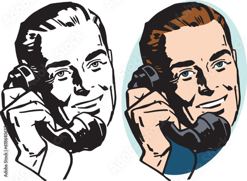 A vintage retro illustration of a man speaking into an antique telephone. 
