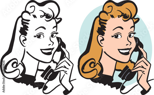A vintage retro cartoon of a woman speaking into an antique telephone. 