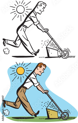 A vintage retro cartoon of a man cutting the grass with a lawn mower. 