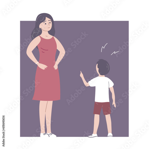 Little child is rude to mother. Family conflict. Disobedient son with bad behavior. Problem for the parent. Flat vector illustration