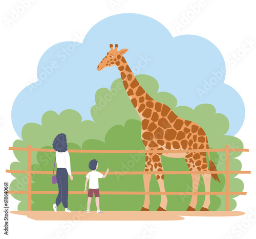 Mother and child look at a giraffe in the zoo. African herbivore mammal. Wild animal. Weekend and leisure. Cartoon vector illustration