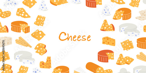 Different types of cheeses horizontal banner. Cheeses menu design. Cheddar, camembert, brick, mozzarella, maasdam, roquefort, gouda, feta, parmesan.