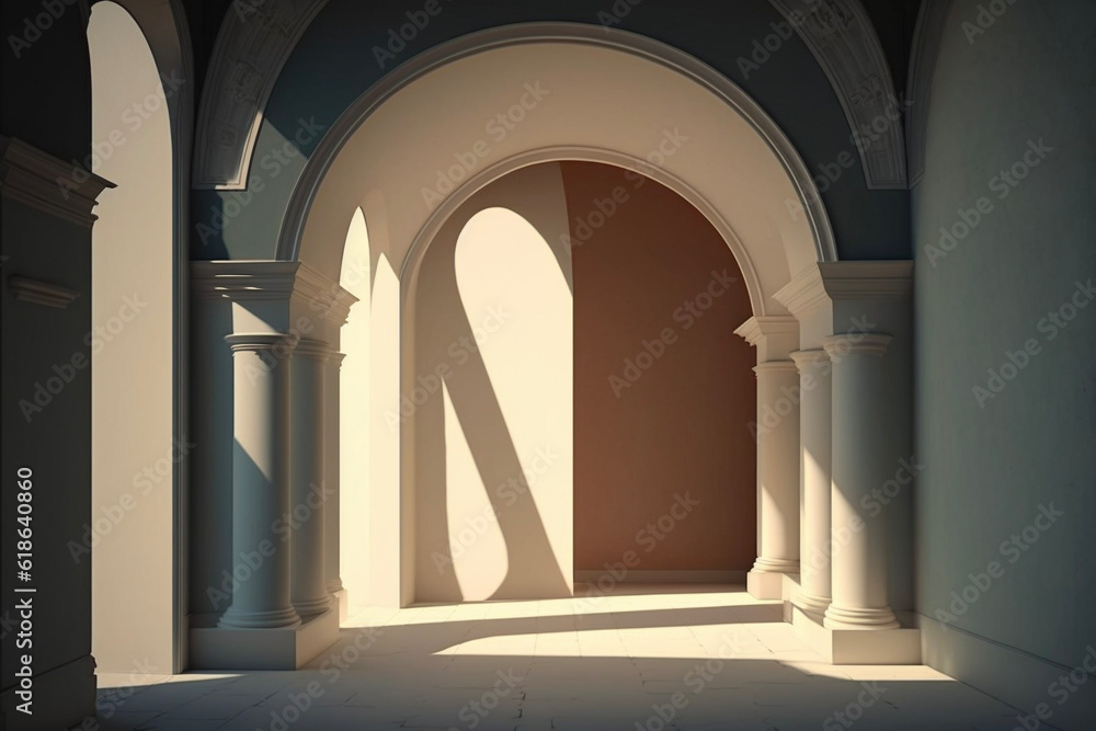 Minimal Empty Beige Room with Archway and Light Shining Through a Window Background for Product Presentation Minimal Empty Beige Room with Archway and Light Shining Through a Window Background for Product Presentation