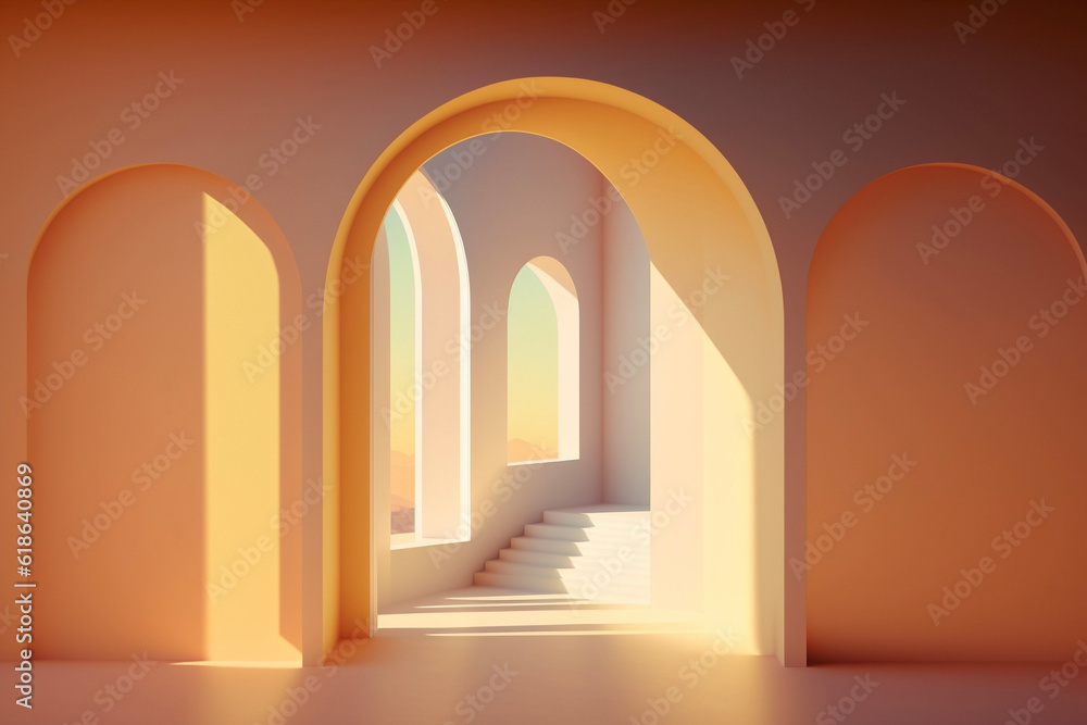 Minimal Empty Beige Room with Archway and Light Shining Through a Window Background for Product Presentation