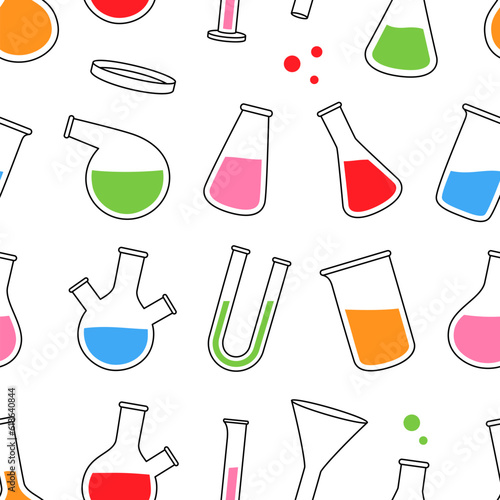 Lab glassware pattern. Laboratory glassware seamless banner. Conical flask, glass beaker, glassware, graduated cylinder. Lab glassware background