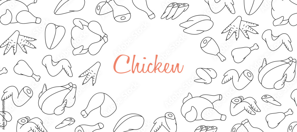 Chicken meats horizontal banner. Butcher shop. Whole chicken, brisket wing, carcass, fillet, ham, leg, breast, shank, drumstick. Vector illustration.