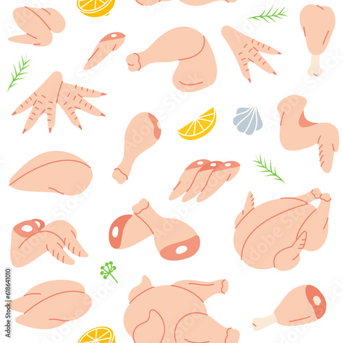 Raw chicken pattern. Chicken parts seamless background. Raw meat parts. Colored meat banner.