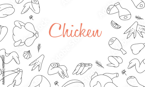 Chicken meats horizontal outline banner. Chicken farming products. Whole chicken, brisket wing, carcass, fillet, ham, leg, breast, shank, drumstick.